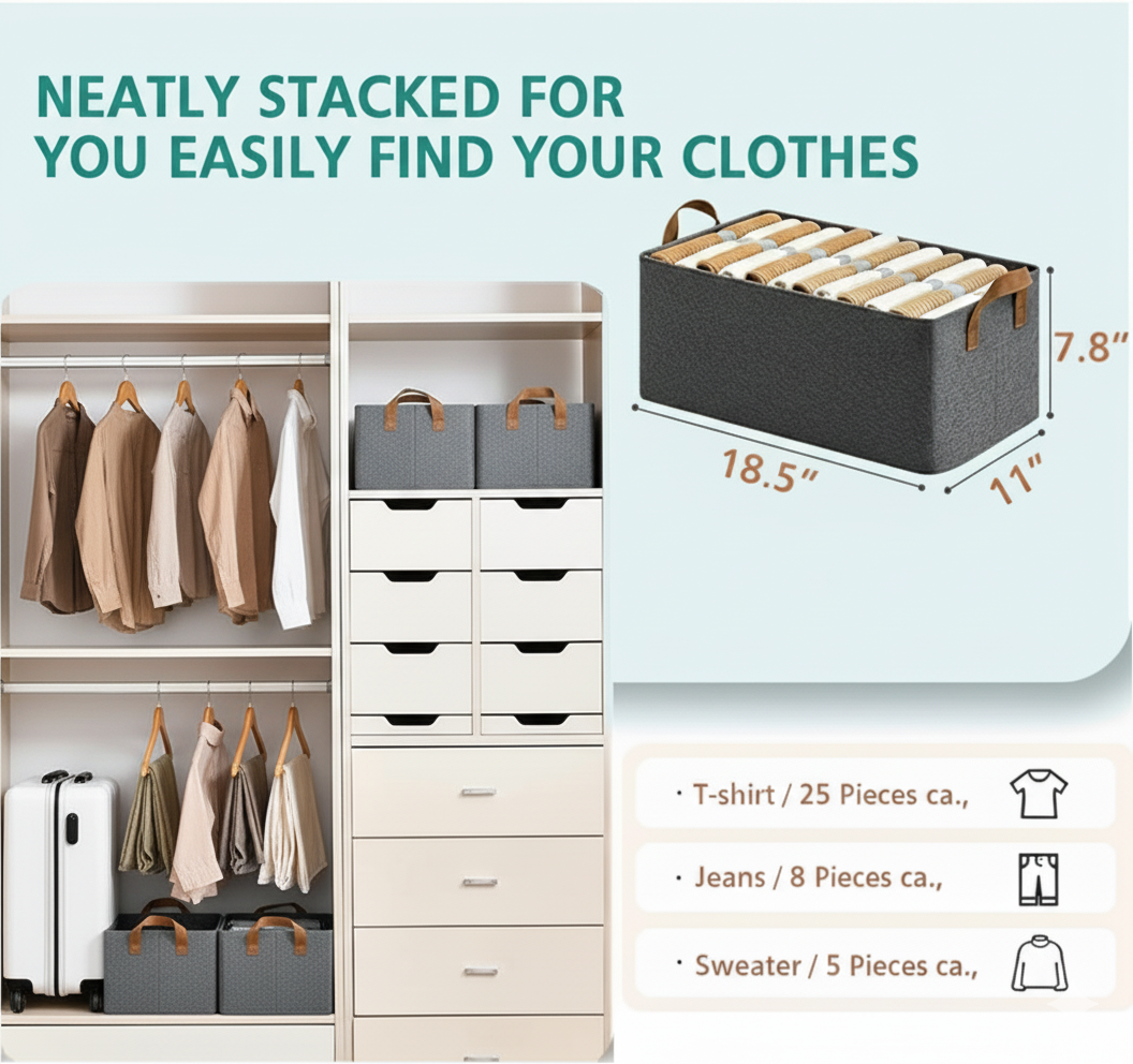 Hustler 4 Pcs Wardrobe Organizer with Metal Frame | Fabric Storage Baskets with Handles for Clothes, Pants, Jeans & Sweaters | Durable Rectangle Shelf Organizers – Grey